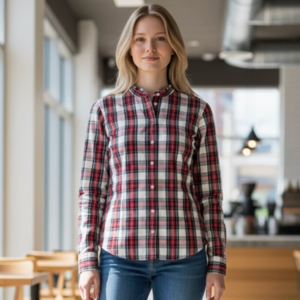 NWT J. Crew Red Tartan Button-front Ruffled Collar At891 Button-down Shirt Mediu